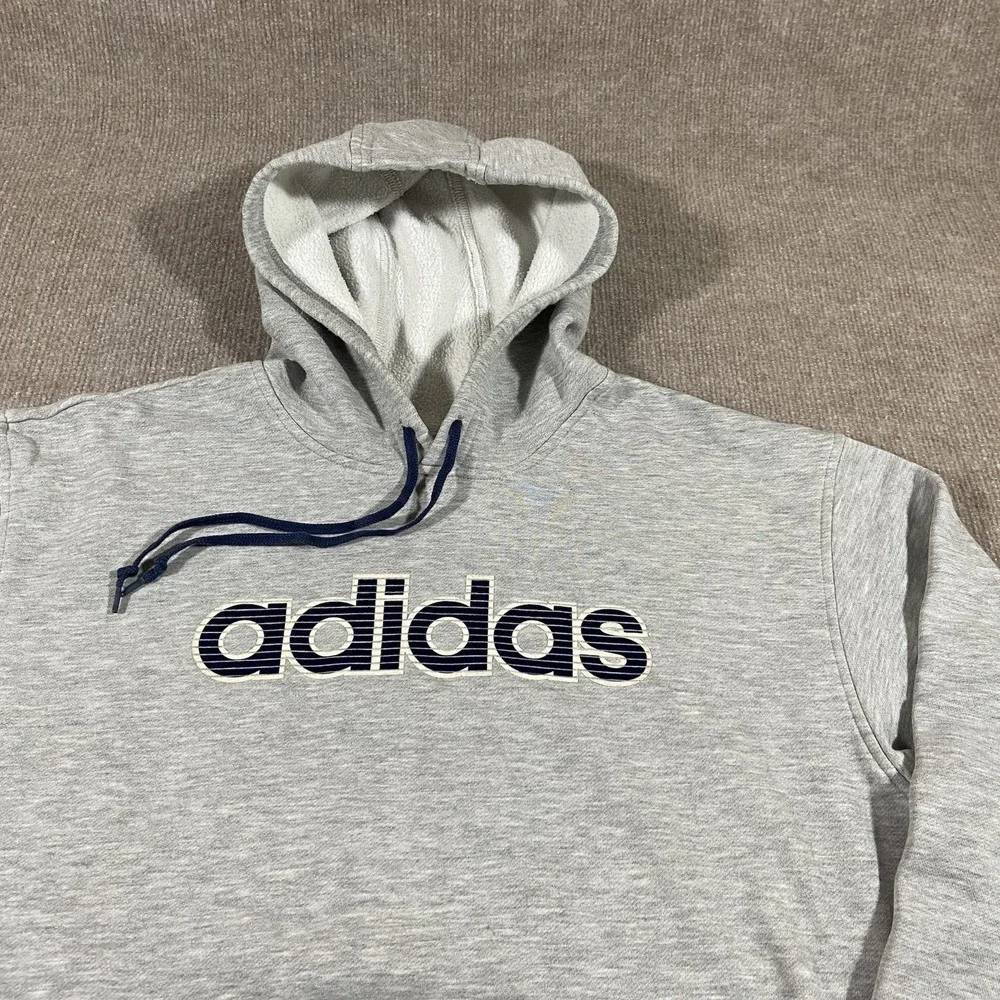 Vintage Adidas Hoodie Sweatshirt Mens Large Grey Embroidered Logo Spellout‎ Y2K